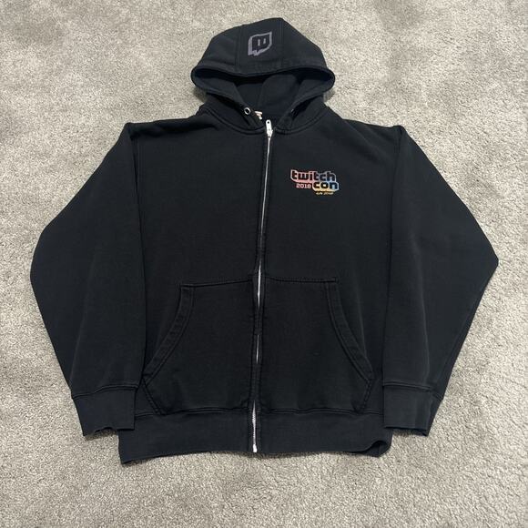 Twitch Con 2018 San Jose Hoodie Mens Size M Black Zip Hooded Gaming Streaming - Picture 1 of 6